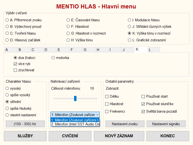 Výběr mikrofonu v hlavním menu programu Mentio Hlas