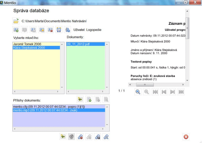 Mentio Nahrávání, správa databáze