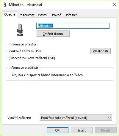 Nastavení mikrofonu - záložka "Obecné"