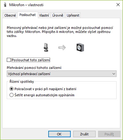 Nastavení mikrofonu - záložka "Poslouchat"