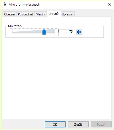 Nastavení mikrofonu - záložka "Úrovně"
