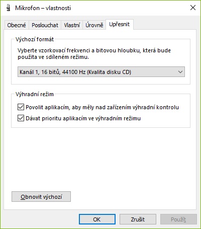 Nastavení mikrofonu - záložka "Upřesnit"