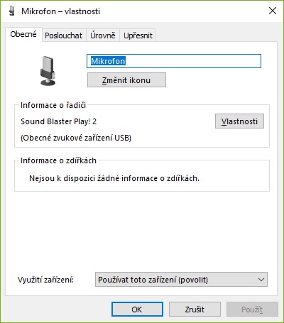 Nastavení mikrofonu - záložka "Obecné"