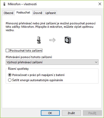 Nastavení mikrofonu - záložka "Poslouchat"
