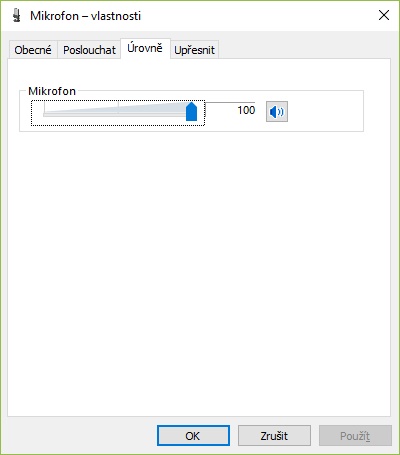 Nastavení mikrofonu - záložka "Úrovně"