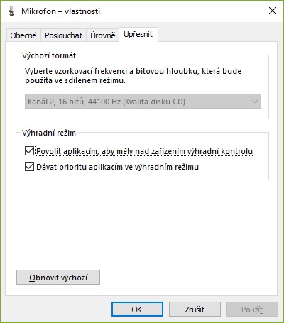 Nastavení mikrofonu - záložka "Upřesnit"
